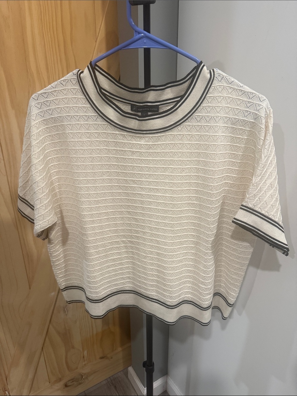 Adrianna Papell Cream Short-Sleeve Knit Top with Black Trim